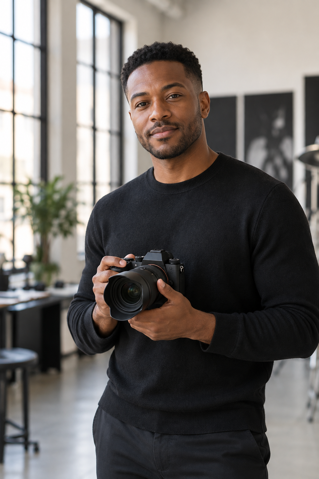 Black male photographer holding a professional camera in a modern studio