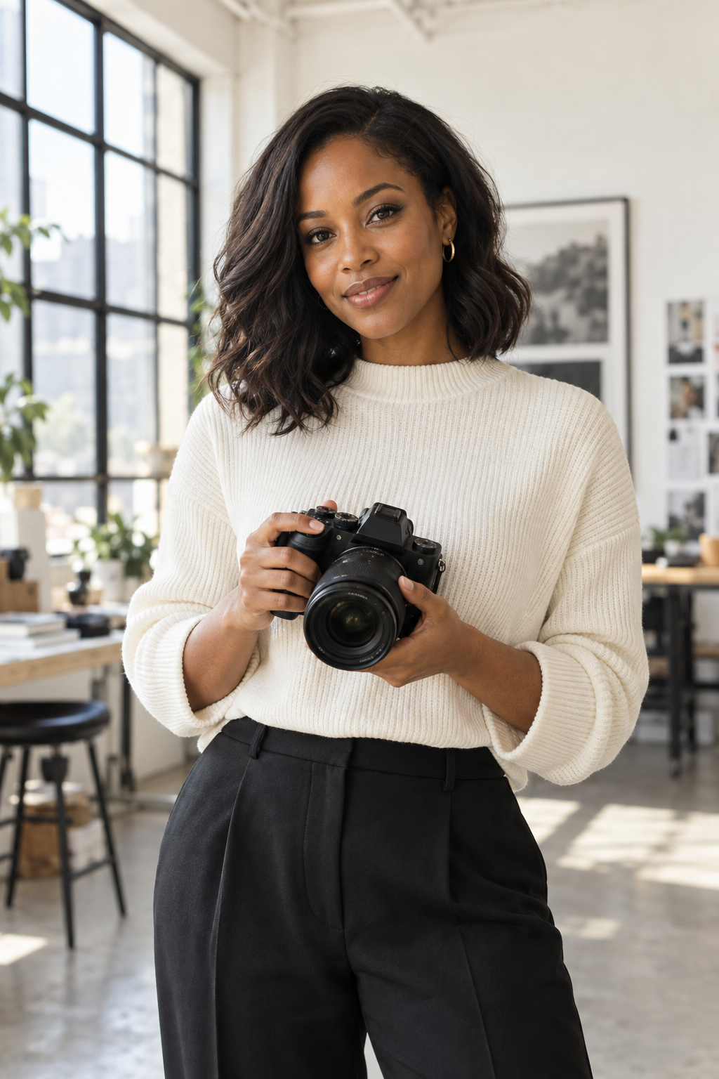 Black woman photographer holding a professional camera in a modern studio